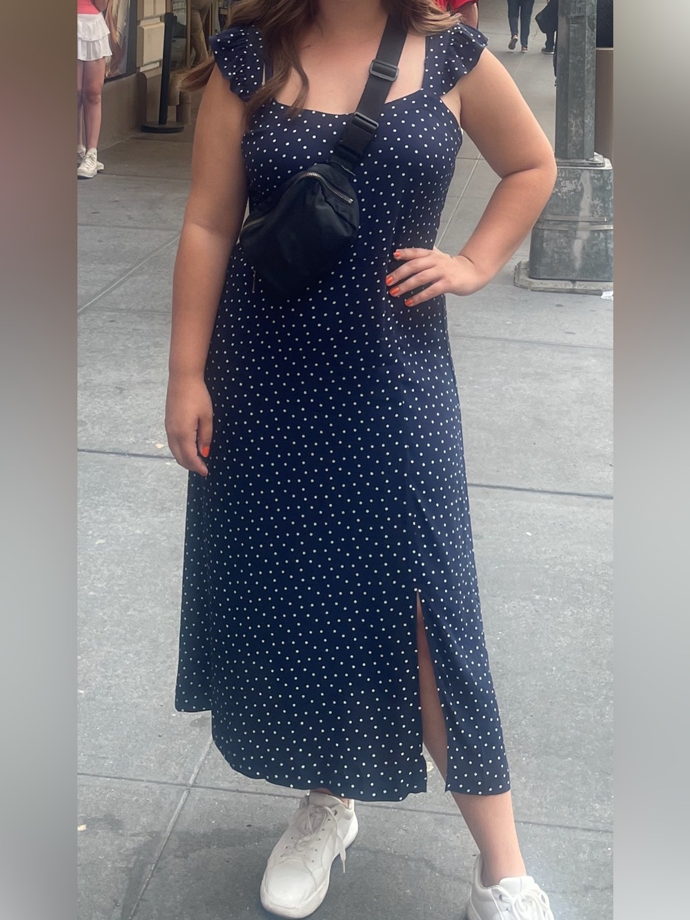 LOFT Midi Navy Dress with White Polka Dots